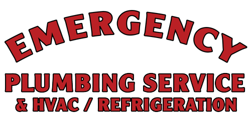 Emergency Plumbing Service HVAC and Refrigeration logo featuring bold red text and a professional design.